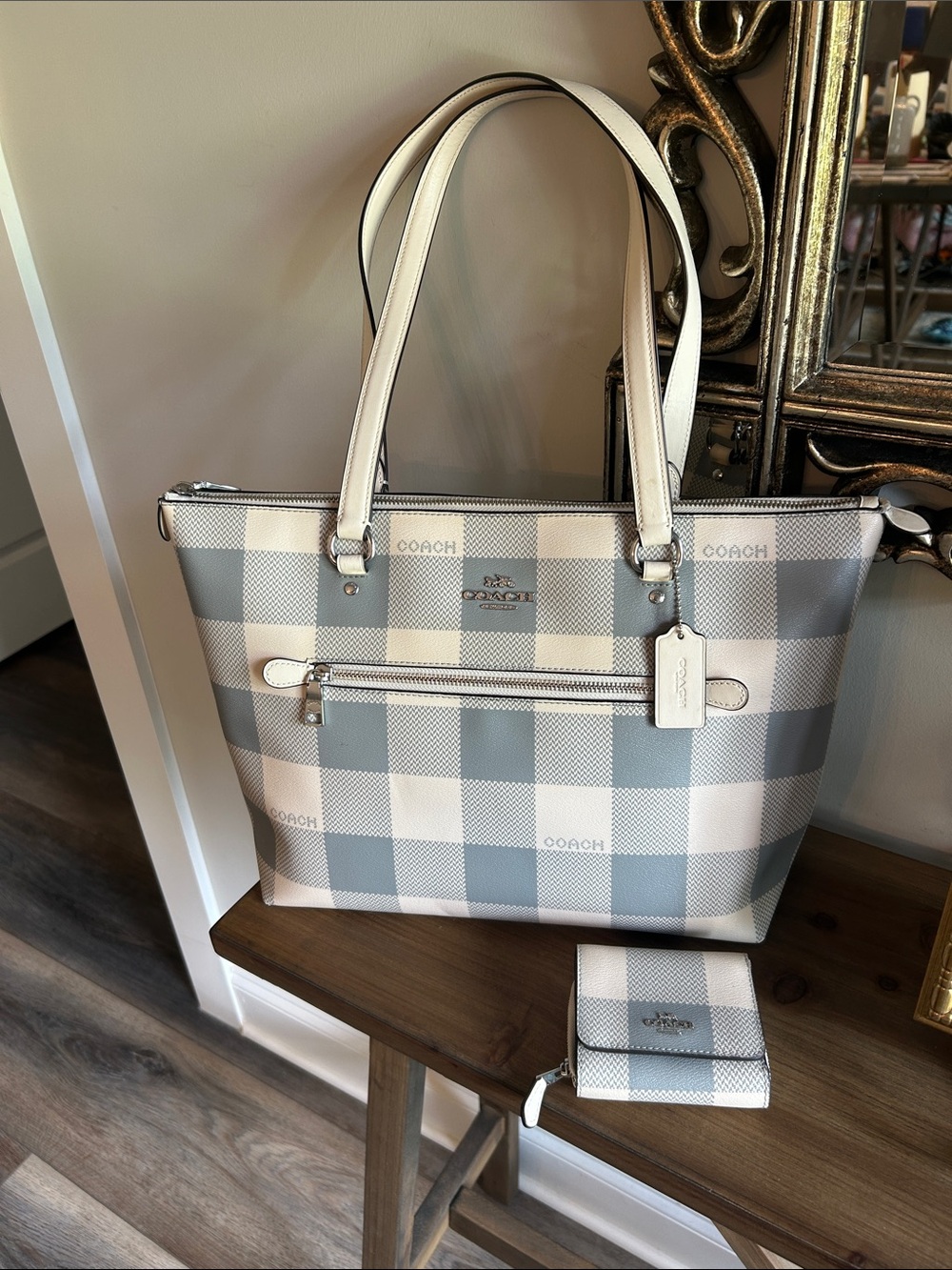Coach Checkered Leather Tote in Light Blue and White with Matching Wallet EUC